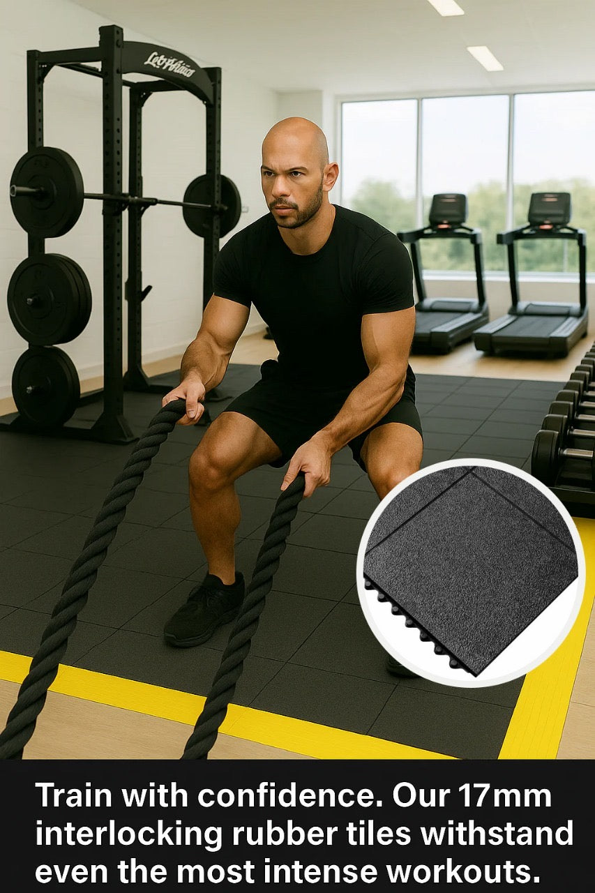 17mm rubber gym mats in garage home gym — 200kg drop rated interlocking gym floor UK
