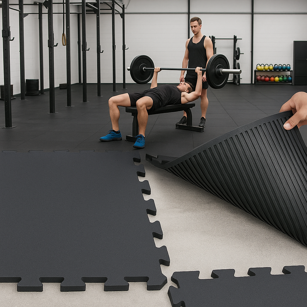 MegaFloor 500mm x 500mm rubber gym tiles under squat rack — 900 kg/m3 density commercial grade