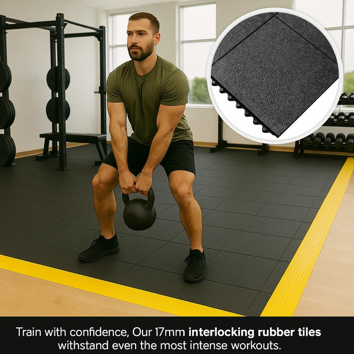 17mm Interlocking Gym Mats (3ft x 3ft) – Shock-Absorbent Flooring for Gyms & Fitness Studios