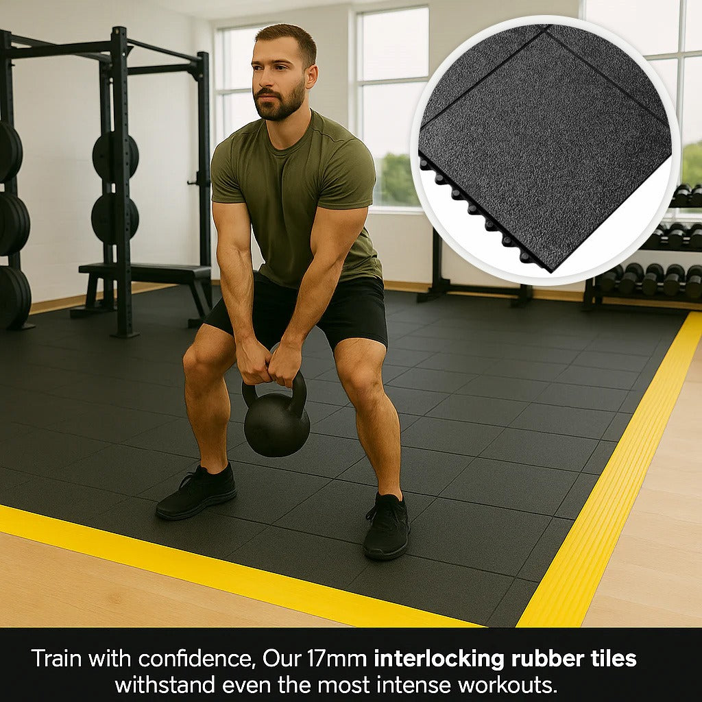 16mm gym mats in leisure centre free weights area — yellow ramp edges visibility marking UK