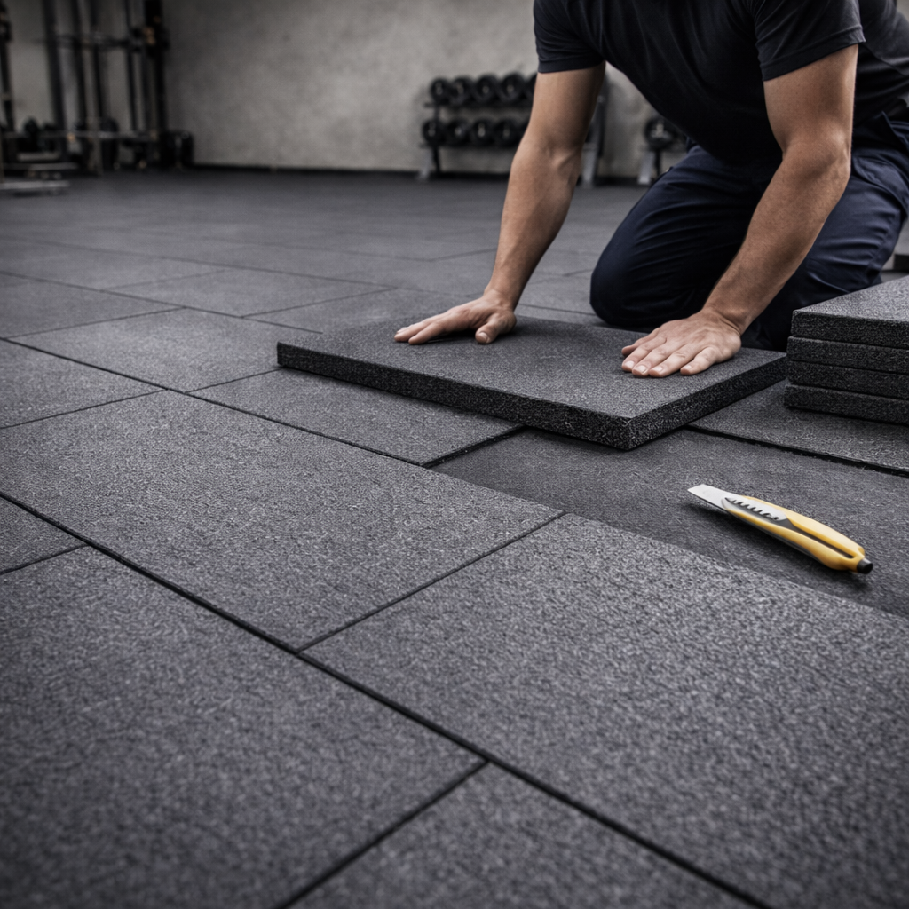 20mm rubber gym tiles in brick-bond layout — professional finish commercial gym flooring UK