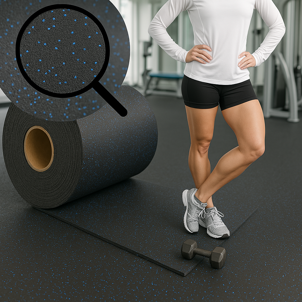 Rubber gym roll 1m wide showing thickness options 4-12mm — cut to length gym flooring UK