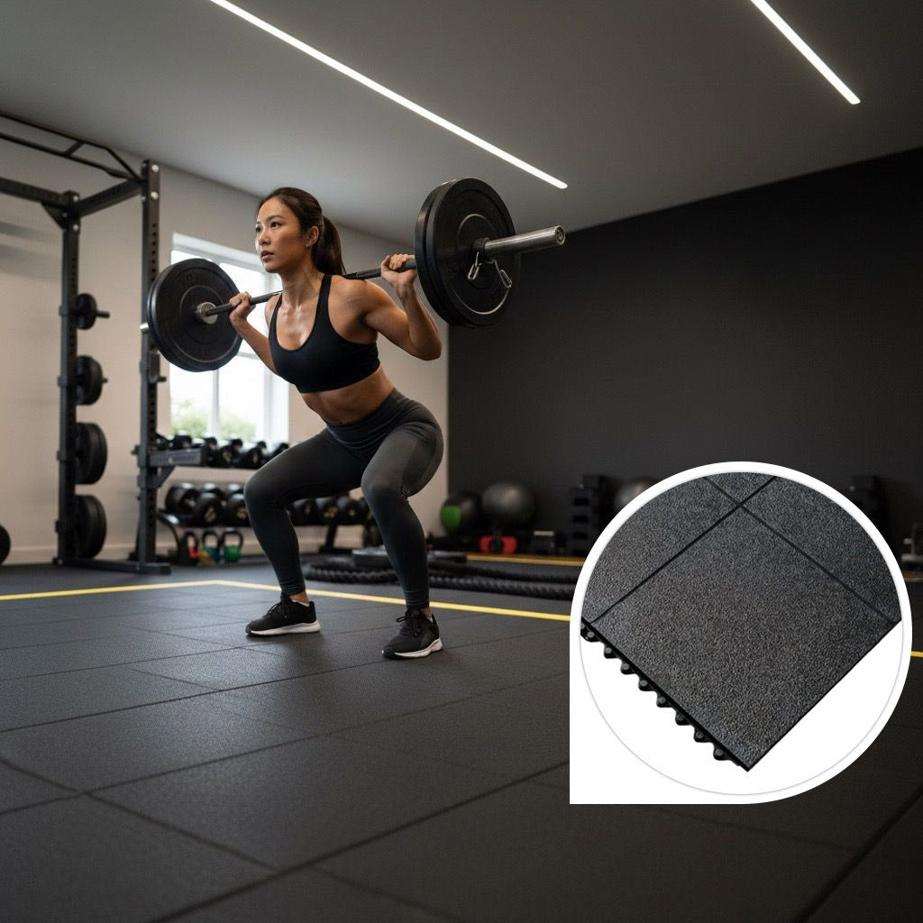 16mm rubber gym mats under squat rack — 3ft x 3ft EN 13893 slip certified commercial grade
