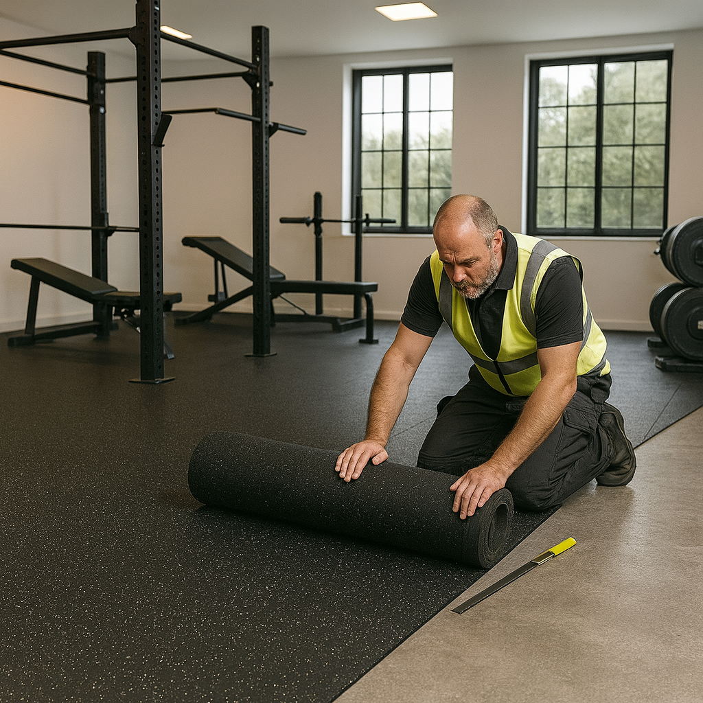 Crumb rubber gym flooring roll 6mm in cardio zone — non-slip commercial gym floor UK