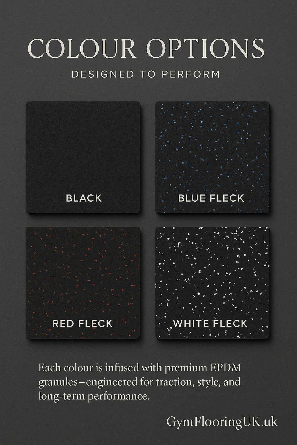 Rubber crumb gym flooring roll finishes: black, black with blue fleck, black with red fleck, black with white fleck