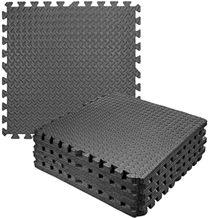 12mm EVA foam gym tiles 610mm grey black installed in yoga studio — anti-fatigue gym flooring UK