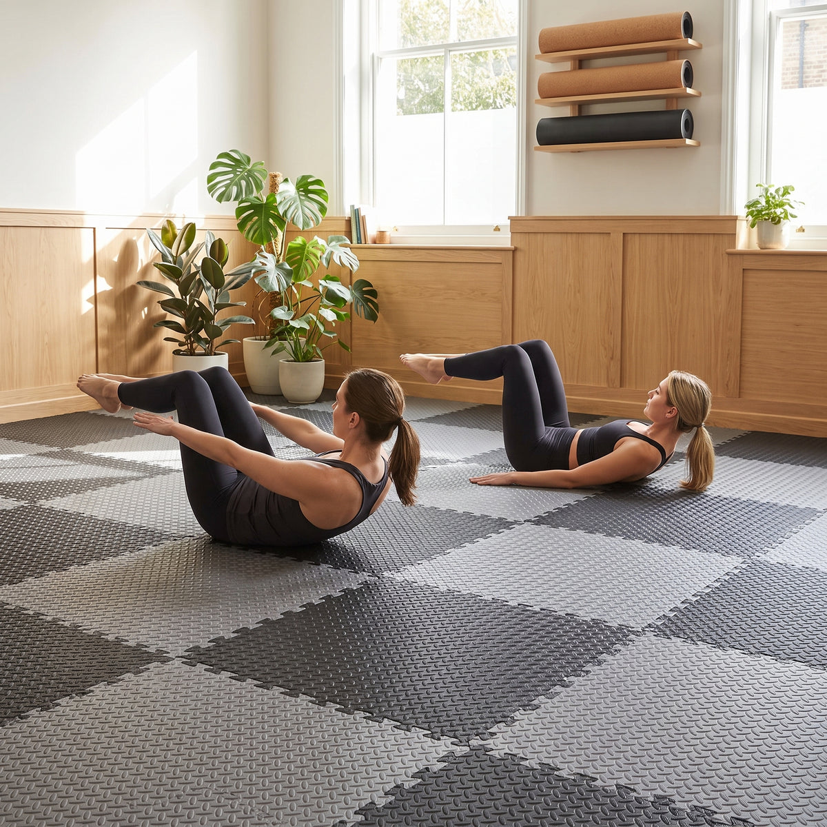 Pilates class on grey and black EVA foam tiles laid in a checkerboard in a bright studio
