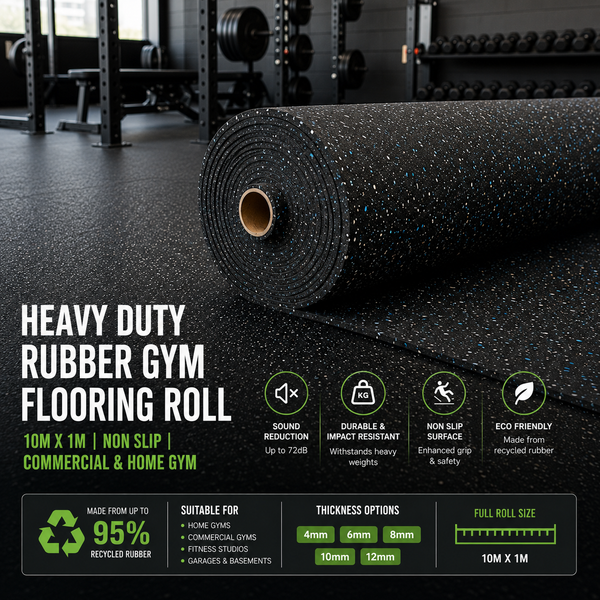 Heavy Duty Rubber Gym Flooring Roll 10m x 1m | Non Slip Commercial & Home Gym Rubber Flooring | 4mm–12mm