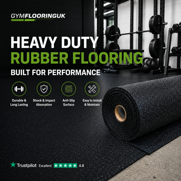 A heavy-duty rubber flooring mat shown partially unrolled in a gym setting, with text overlays reading 'HEAVY DUTY RUBBER FLOORING' and 'BUILT FOR PERFORMANCE.' The product is black with a textured grip surface, and the background shows gym equipment.