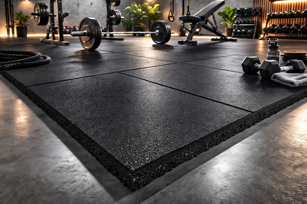 20mm interlocking gym tiles under squat rack — 400kg drop rated precision cold-moulded gym floor