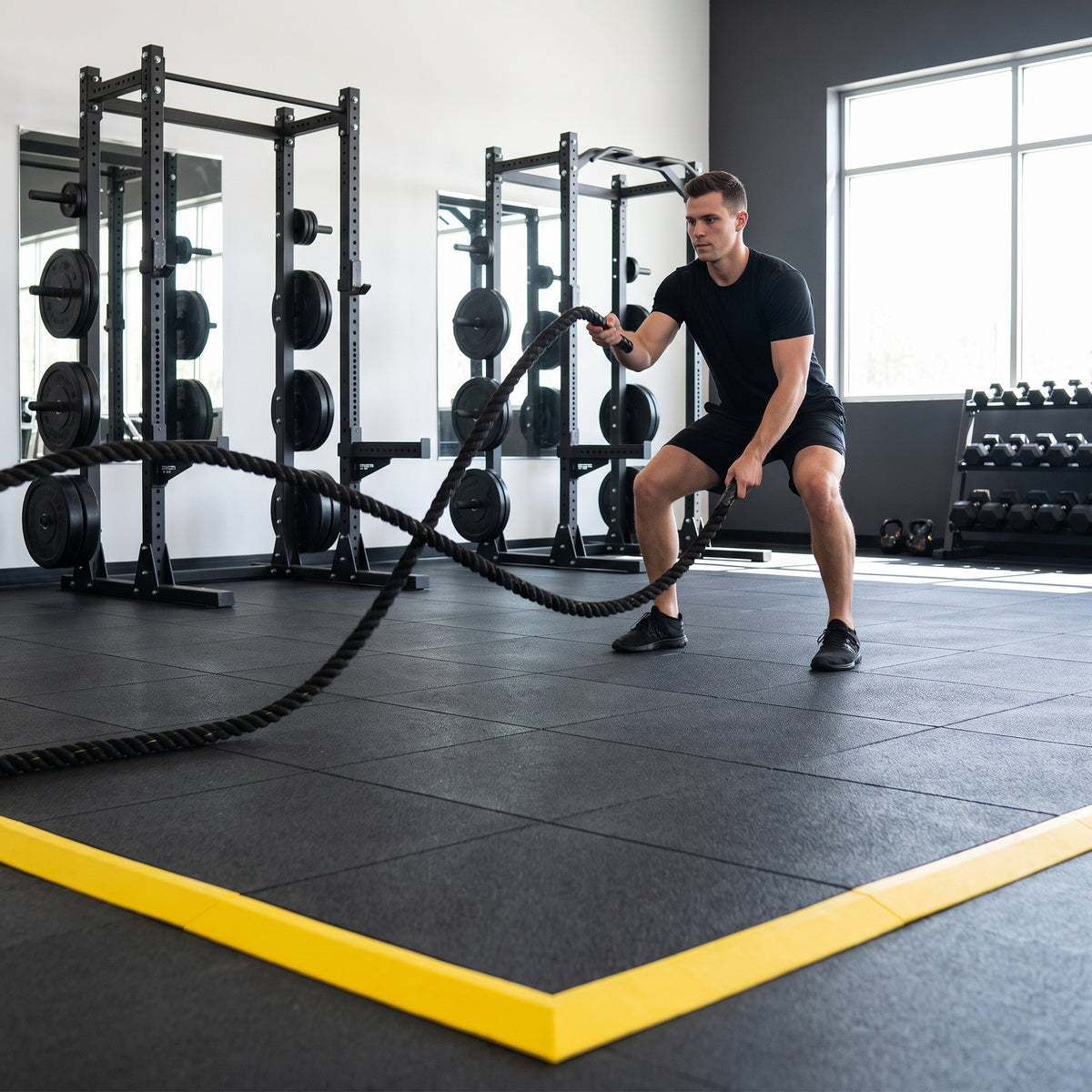 Battle rope training on 17mm interlocking rubber gym mats with yellow ramp edges in a commercial gym