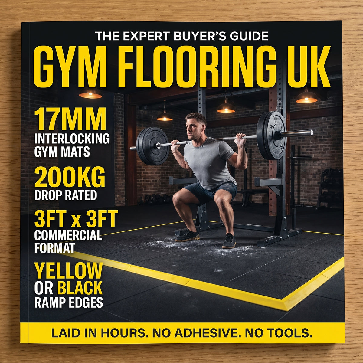 Gym Flooring UK buyer's guide: 17mm interlocking gym mats, 200kg drop rated, 3ft x 3ft commercial format, yellow or black ramp edges