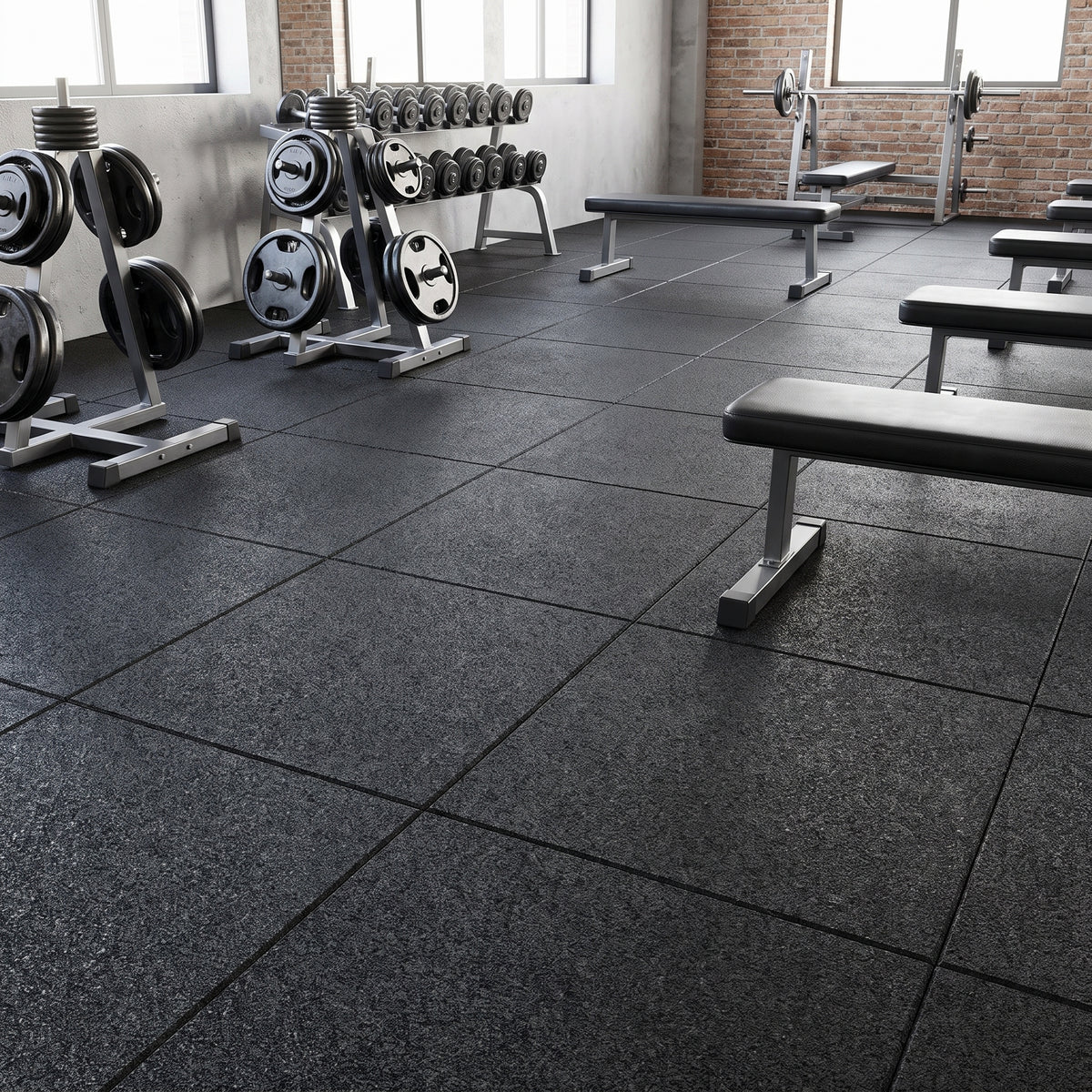 20mm cold-moulded black rubber gym tiles 1m x 1m in a commercial free-weights area
