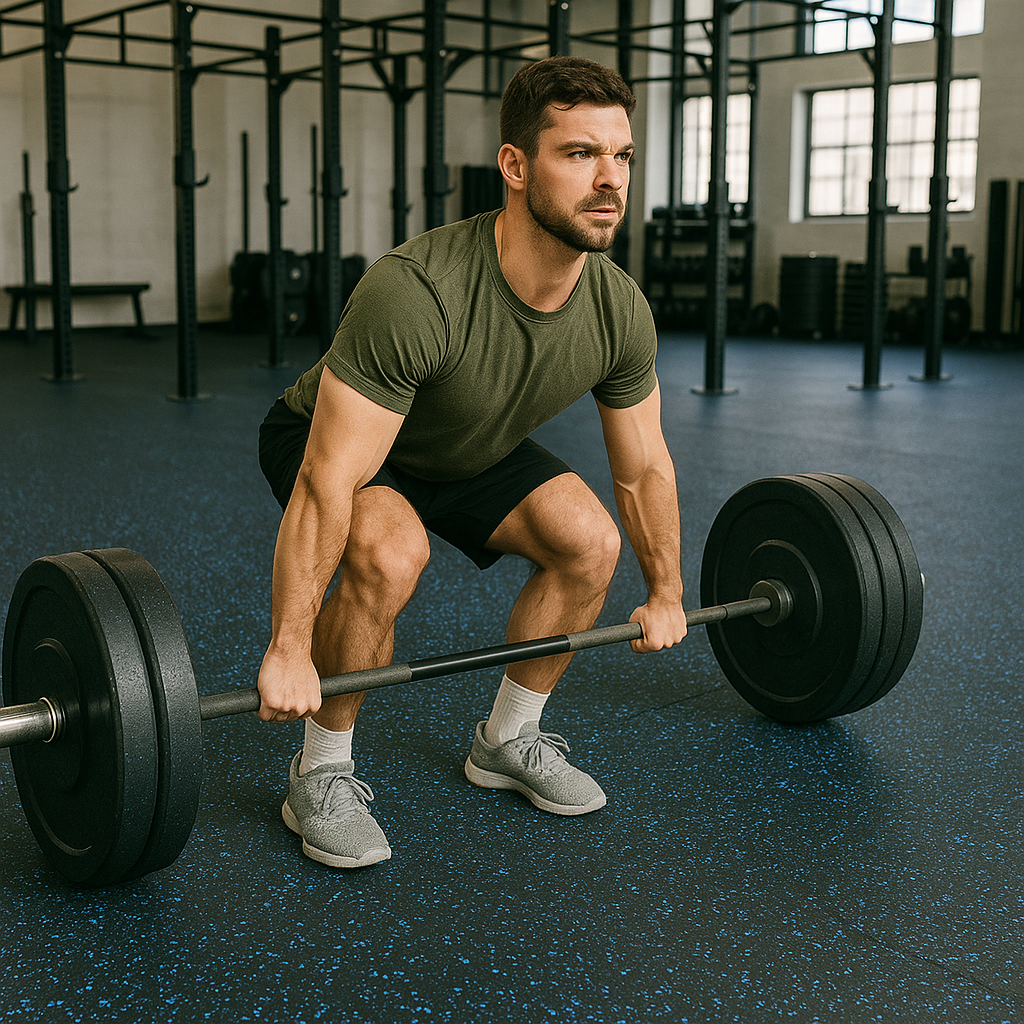 Black rubber gym flooring roll with blue fleck in a weight training gym