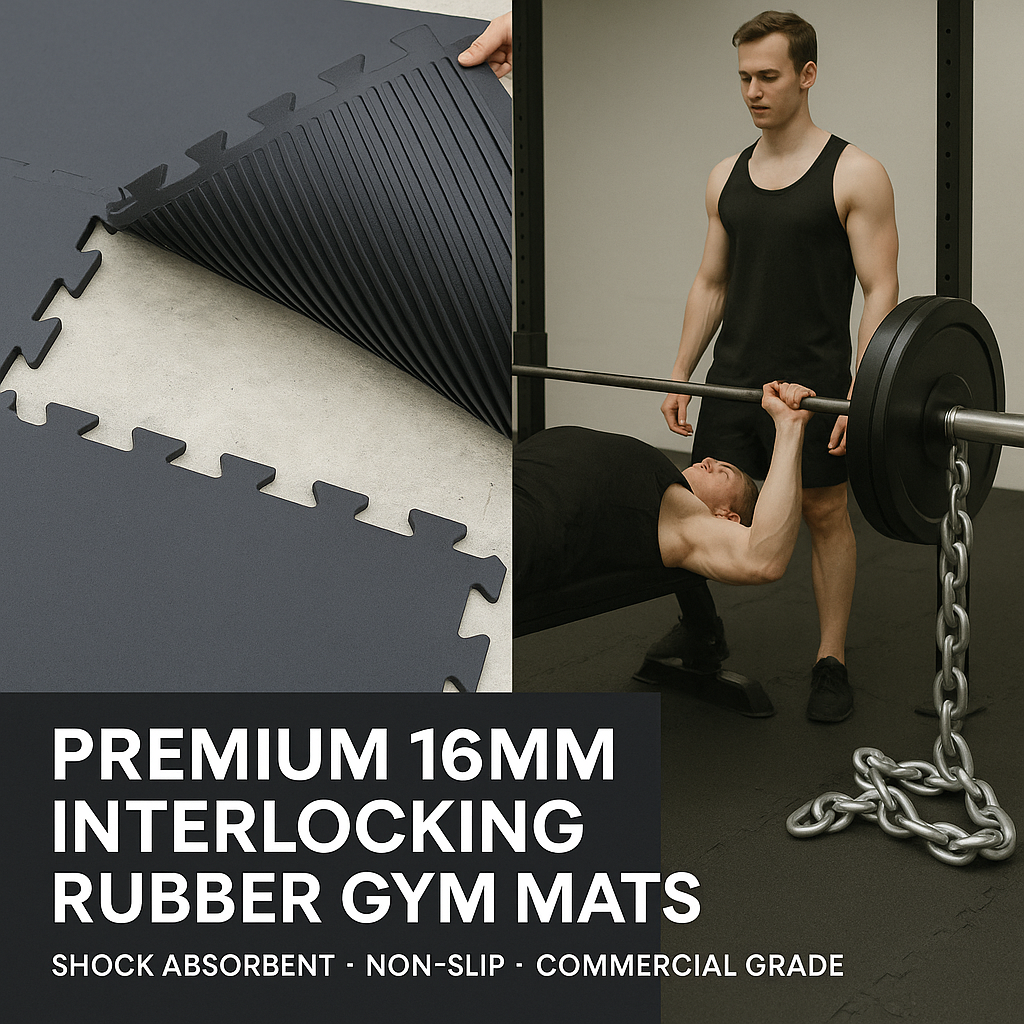 MegaFloor rubber gym tiles bevelled interlocking edge — flush join professional weights room floor