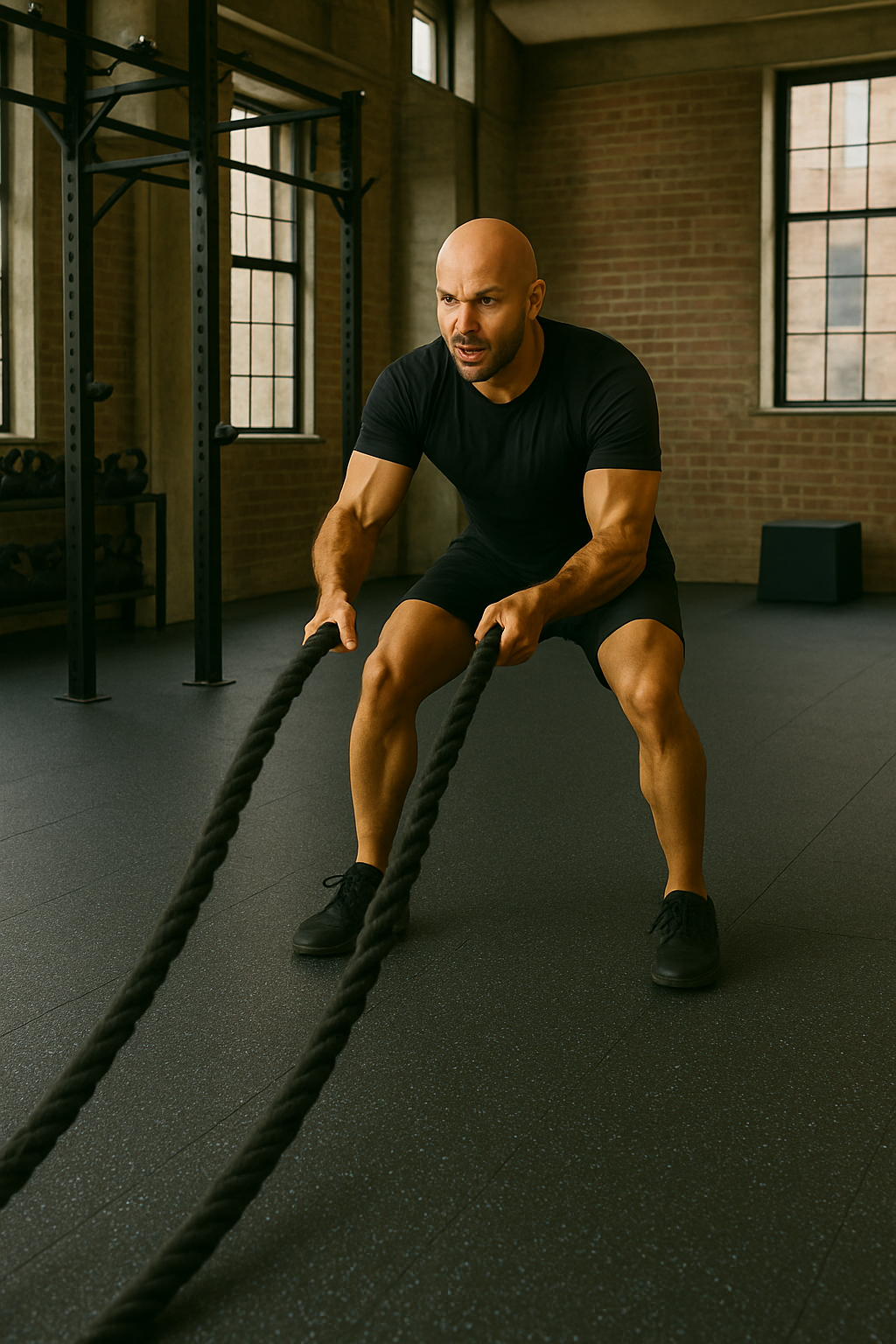 Battle rope training on rubber gym flooring roll