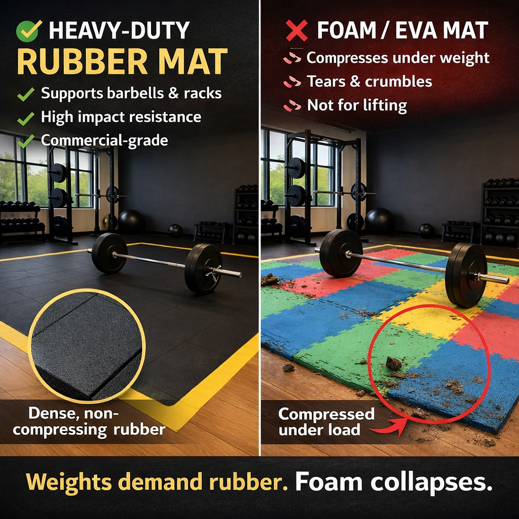 17mm interlocking gym mats in commercial free weights zone — heavy duty rubber gym floor UK