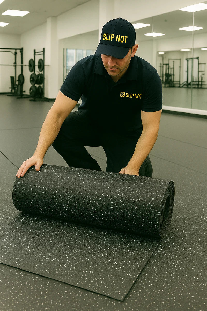 Cut length rubber gym roll 10mm in free weight zone — 1m wide precision cut gym flooring UK