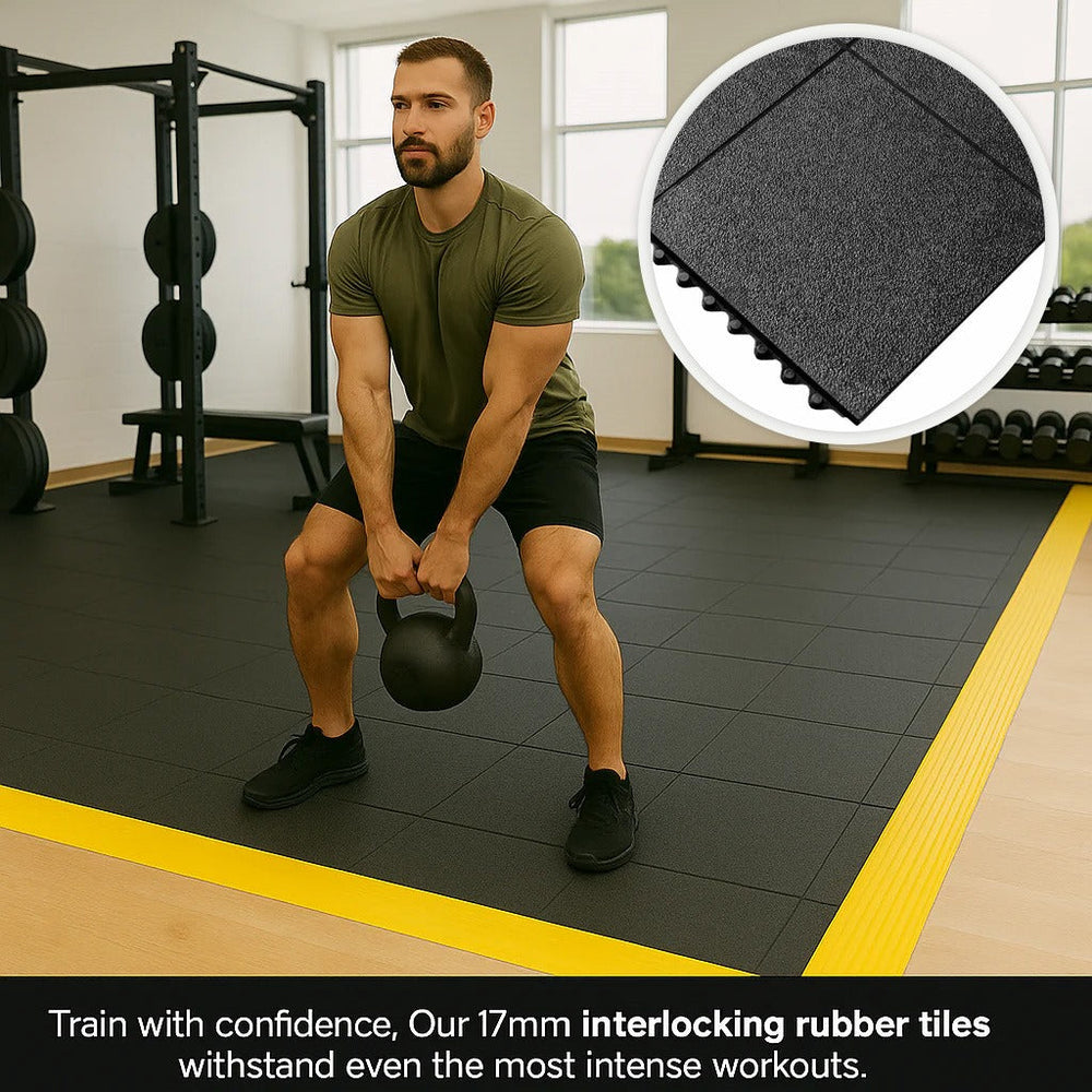 17mm Garage Gym Rubber Mats | 3ft × 3ft | 80kg Drop Rated | 