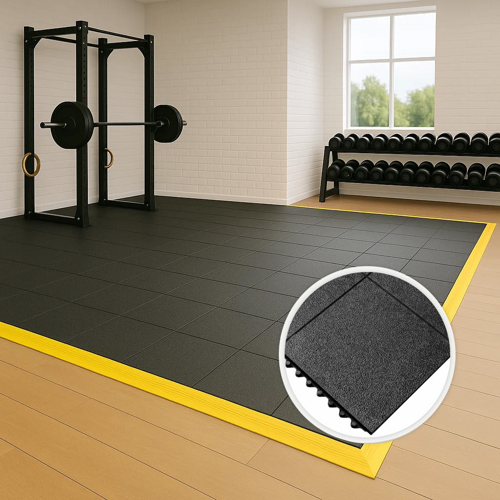 16mm rubber gym mats in CrossFit box — large format 0.84m2 per mat commercial grade UK