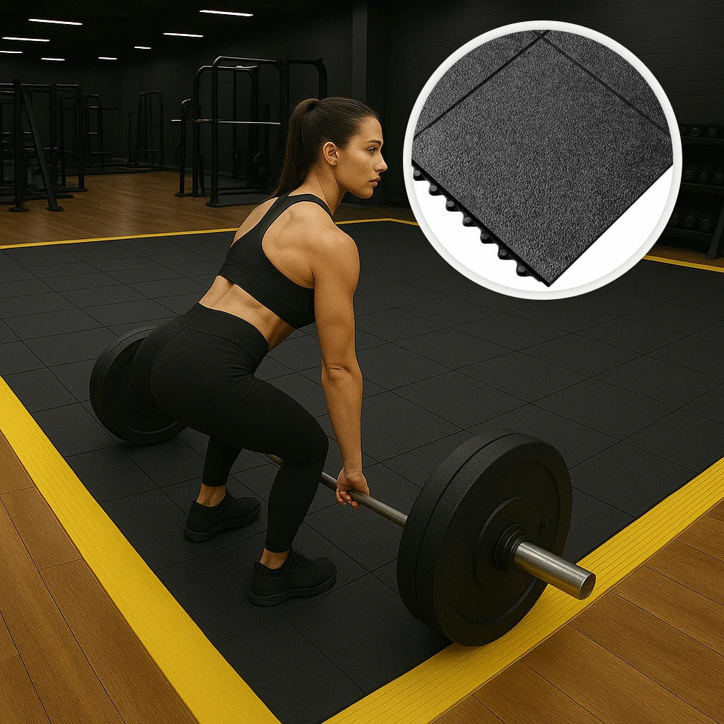 16mm rubber gym mats in garage gym — 3ft x 3ft large format installation same-day dispatch UK