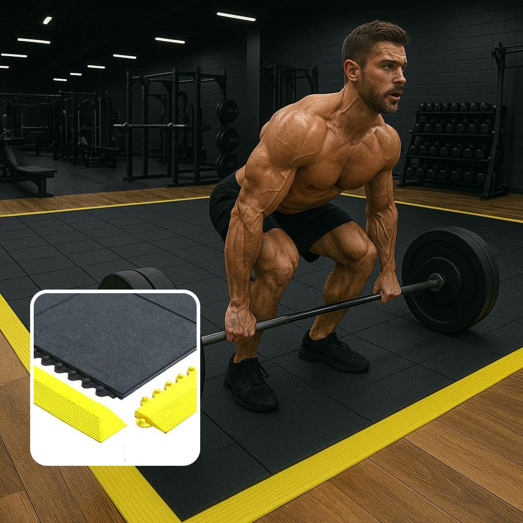 17mm gym mats 3ft x 3ft stacked showing thickness — heavy duty rubber gym flooring UK