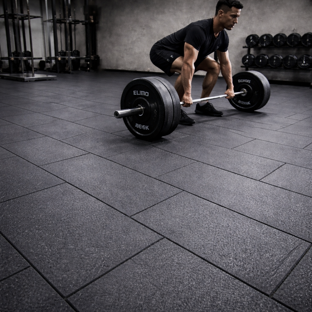 20mm cold-moulded rubber gym flooring tiles installed in PT studio — 3-year guarantee UK