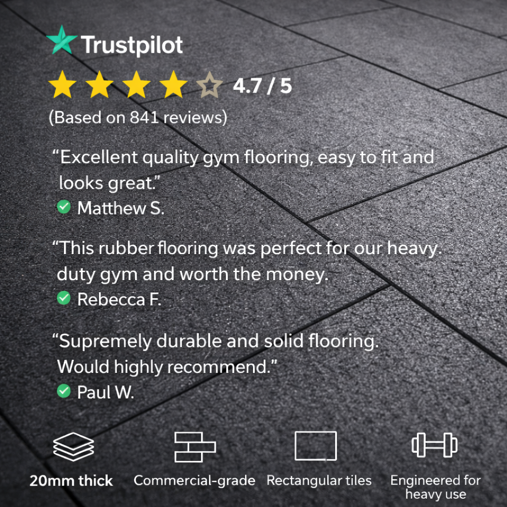 20mm cold-moulded gym tiles in home garage gym — VOC tested low odour rubber flooring