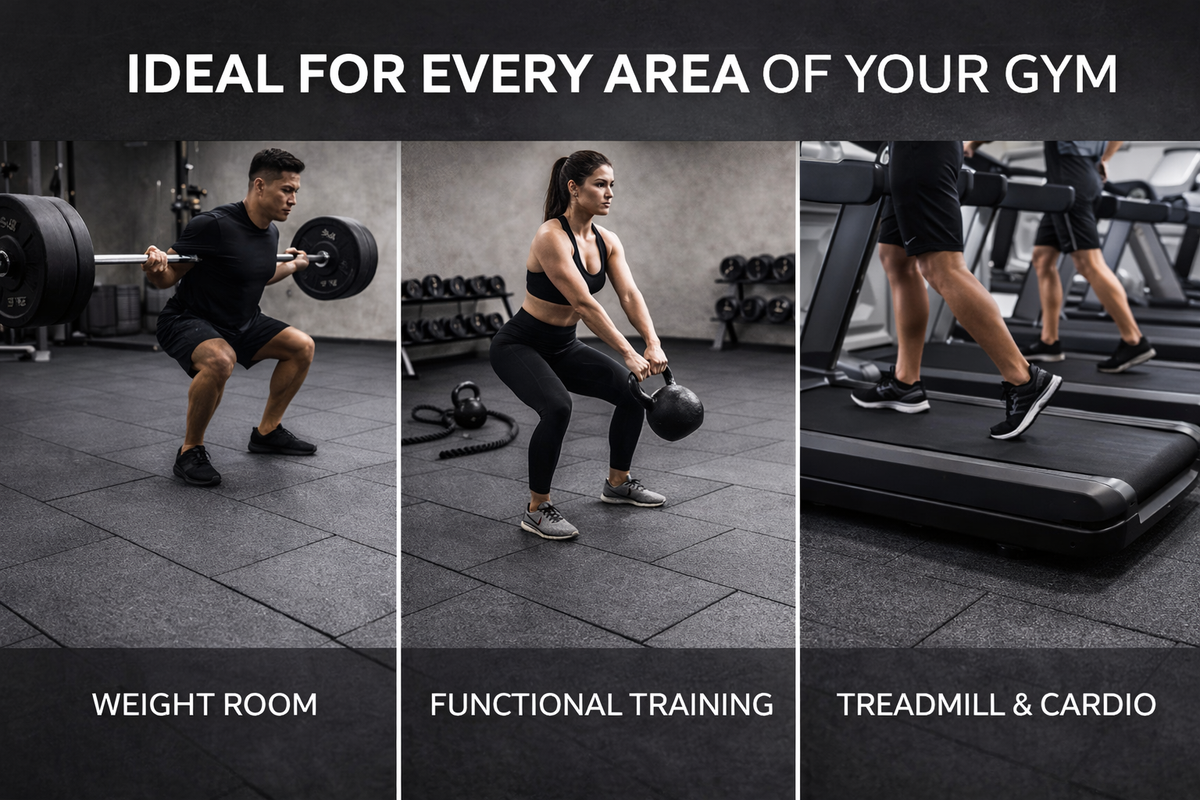 20mm rubber gym tiles under squat rack — CE certified ISO 9001 precision moulded gym floor