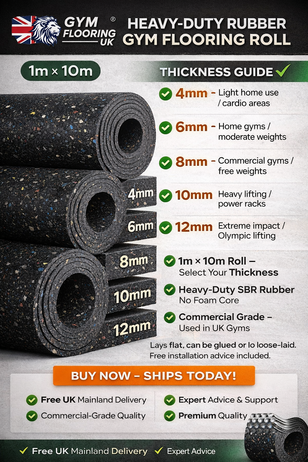 Rubber gym flooring roll 4mm close-up smooth surface — EN 13893 non-slip, CE REACH certified