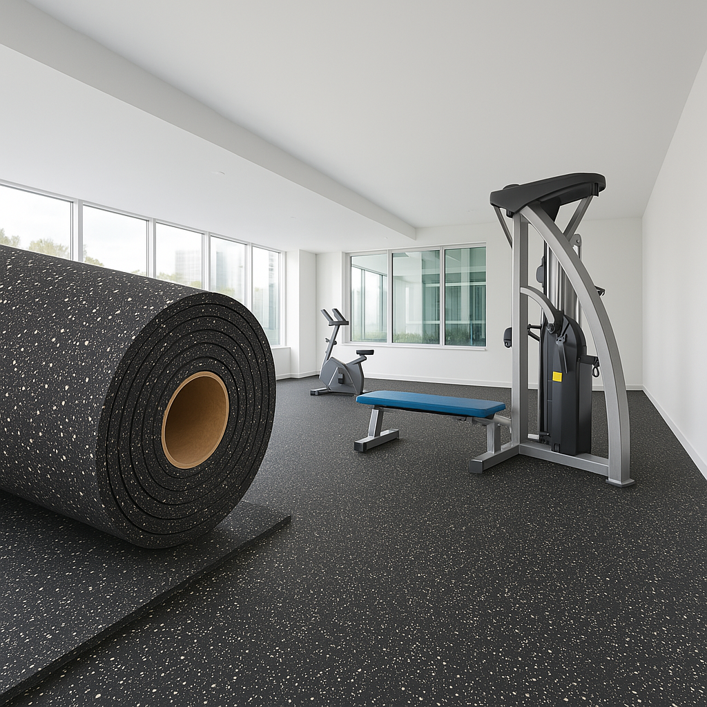 Rubber gym roll cut to length close-up smooth surface — EN 13893 non-slip CE REACH certified