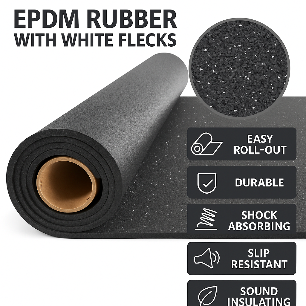 Rubber gym flooring roll with white EPDM flecks: durable, slip resistant, shock absorbing