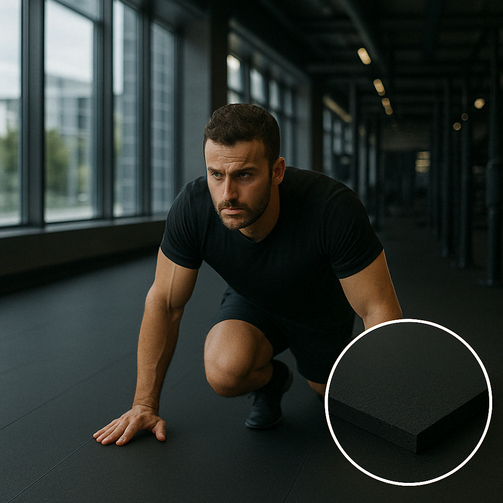 10m rubber gym roll white fleck installed in boutique fitness studio — smooth gym flooring