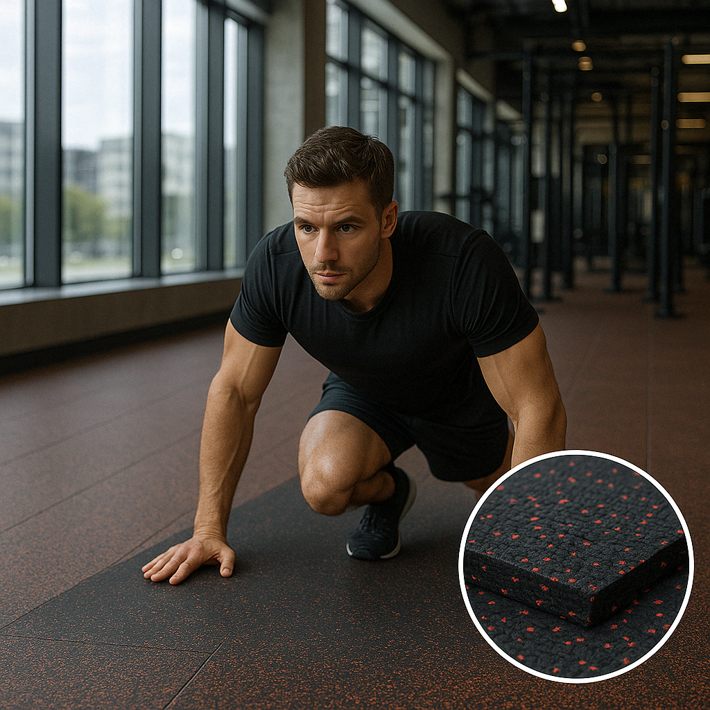 Heavy-duty rubber gym flooring roll 10m x 1m installed in commercial gym — smooth black surface UK