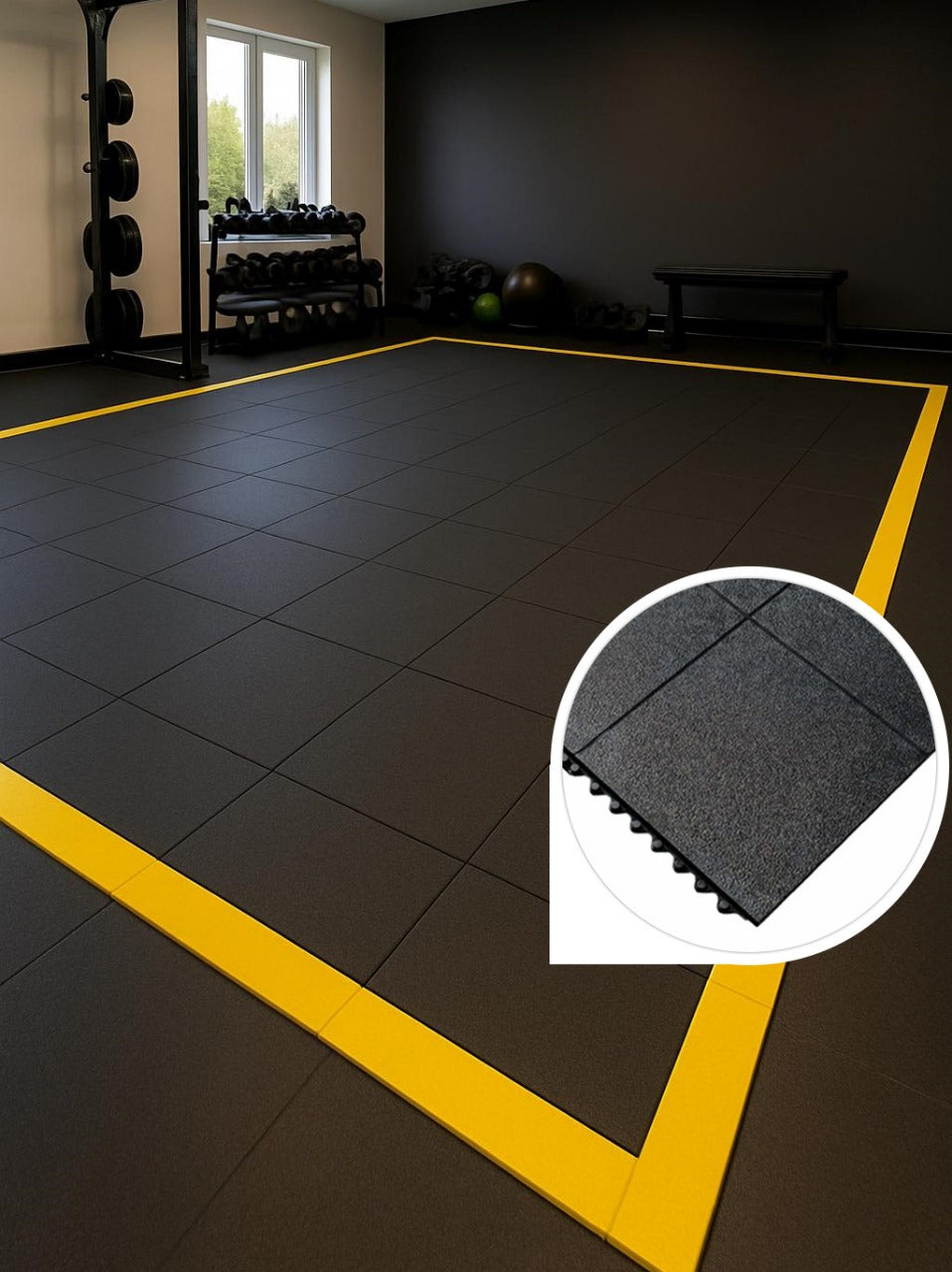 16mm rubber gym mats stacked showing thickness — EN 13893 certified commercial gym mat UK