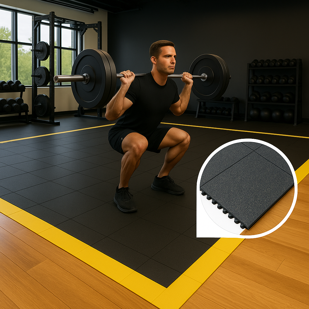 17mm rubber gym mats close-up surface texture — EN 13893 certified non-slip gym flooring