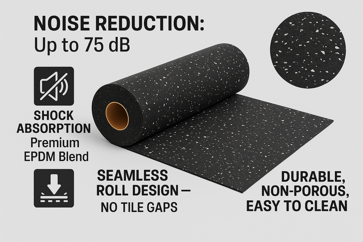 Crumb gym flooring roll blue fleck 10m — 5 thickness options commercial gym flooring UK
