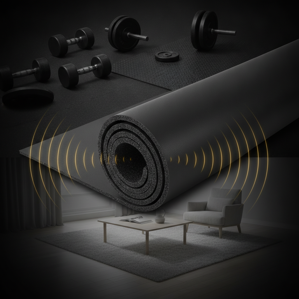 Acoustic rubber gym flooring underlay — gym above, living room below, sound waves absorbed into rubber roll — up to 72dB in-house tested UK