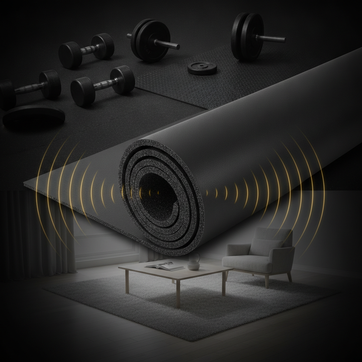Acoustic rubber gym flooring underlay — gym above, living room below, sound waves absorbed into rubber roll — up to 72dB in-house tested UK