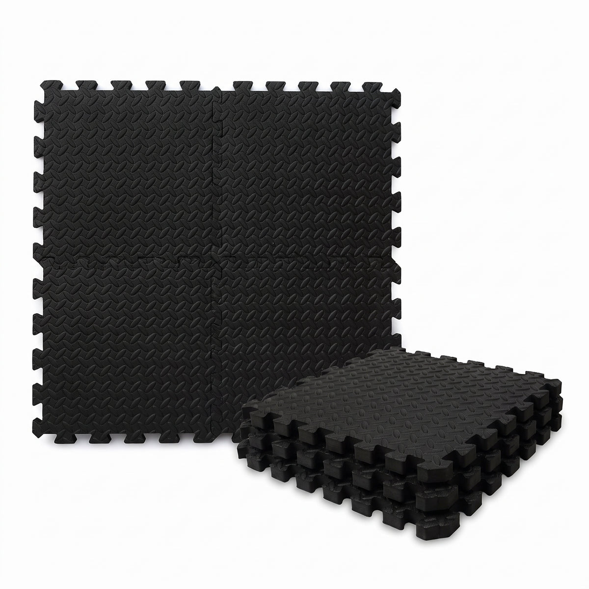 Black 12mm EVA foam interlocking gym tiles, 610 x 610mm, showing the puzzle edges and thickness