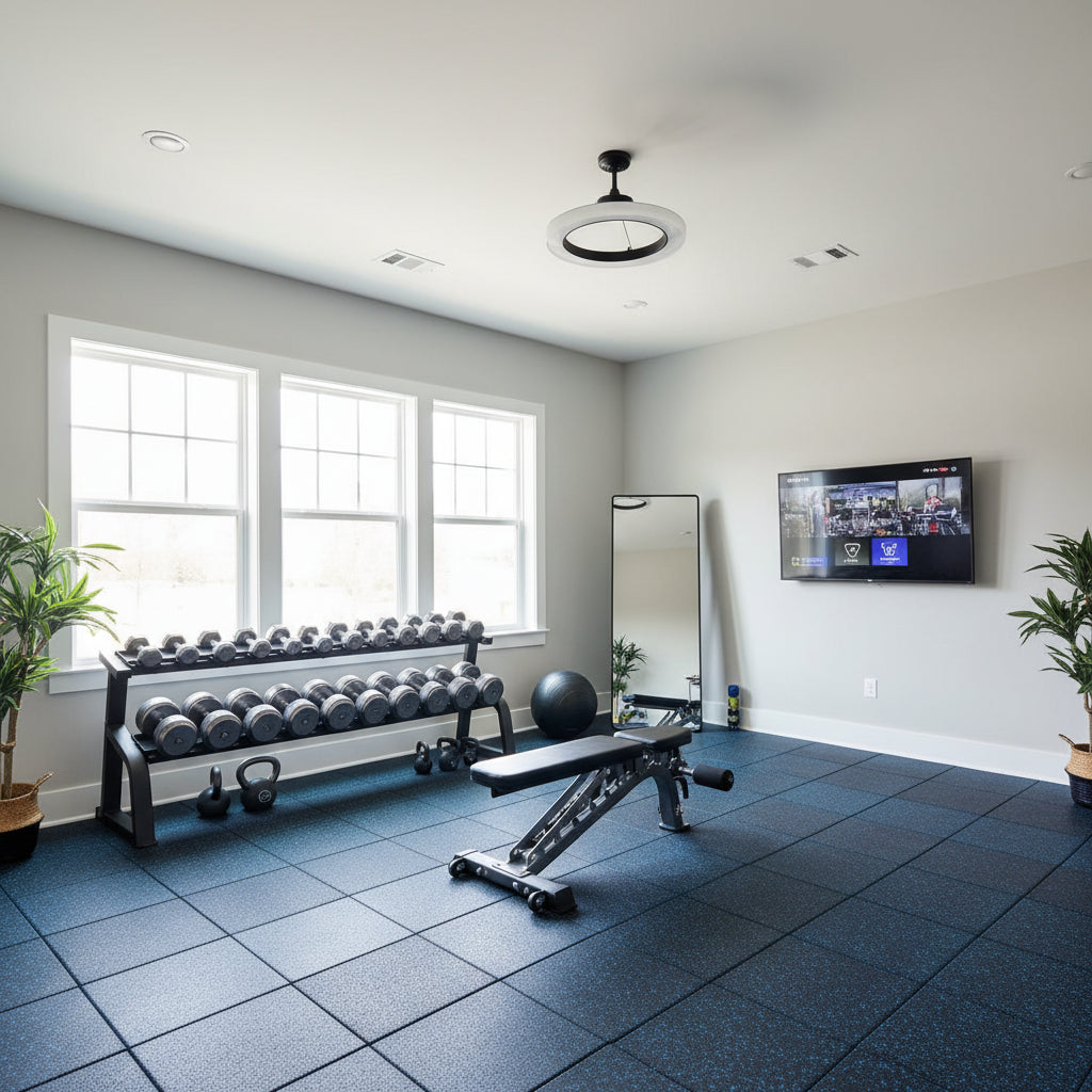Blue fleck rubber gym flooring installed in modern home gym with dumbbells and weight rack