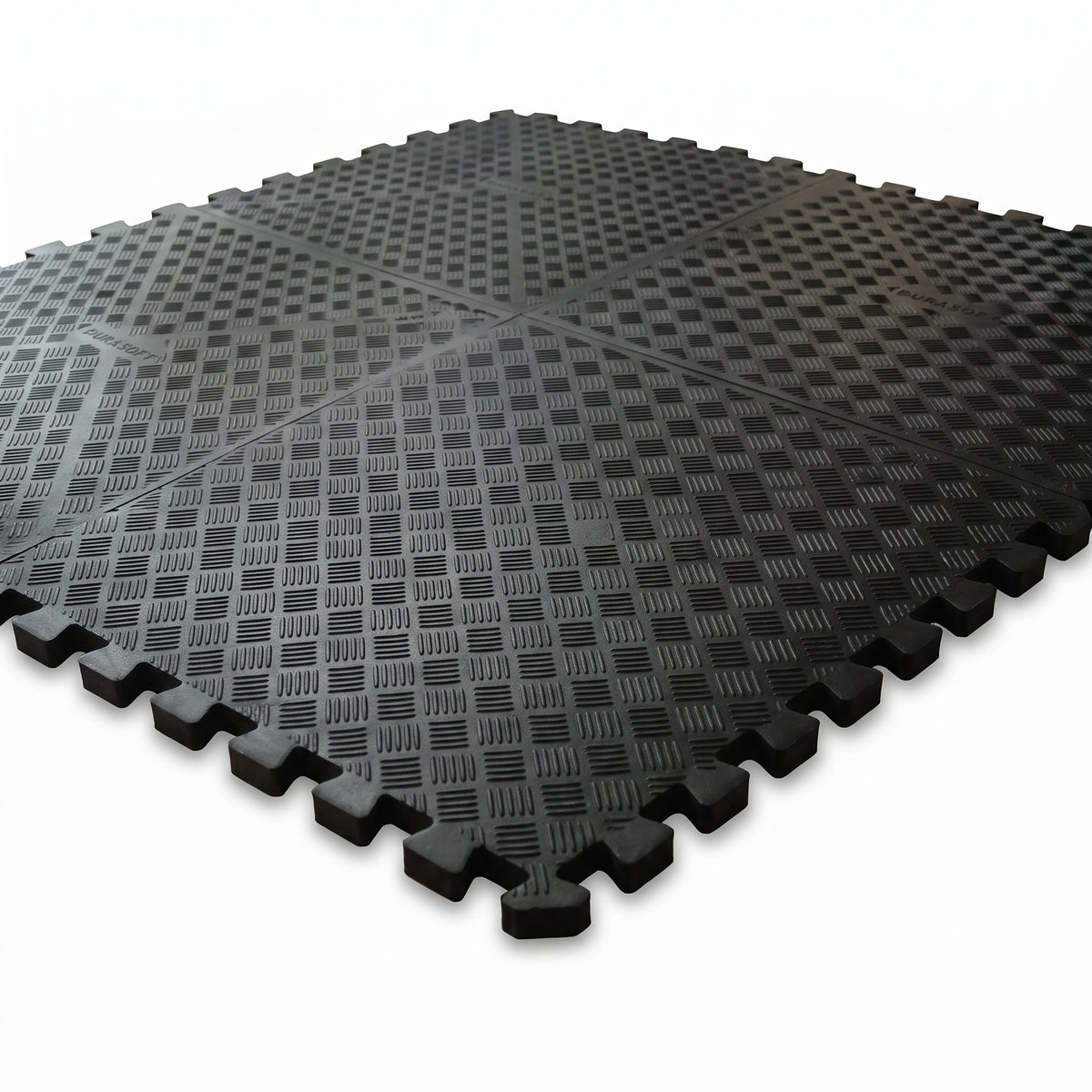 DuraSof 18mm interlocking rubber gym tiles, 1m x 1m, black checker-plate surface with interlocking edges