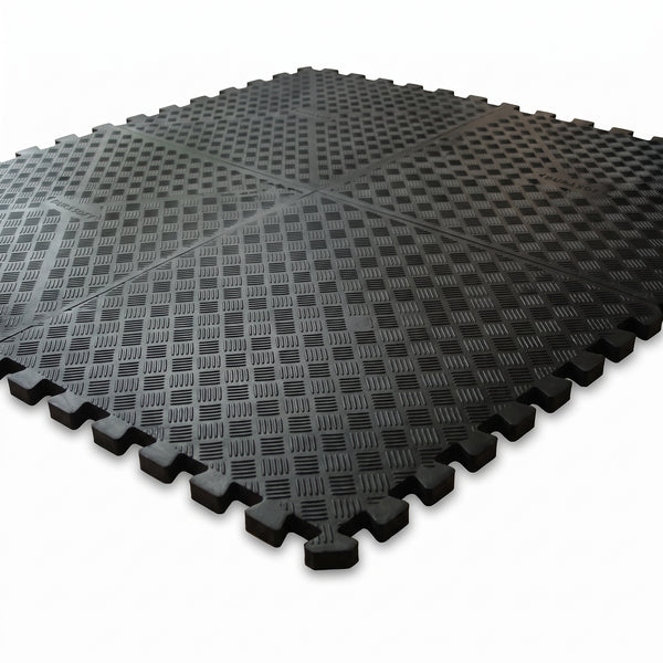 DuraSof 18mm interlocking rubber gym tiles, 1m x 1m, black checker-plate surface with interlocking edges