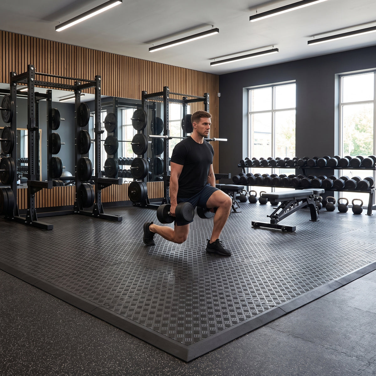 Dumbbell lunges on DuraSof 18mm interlocking rubber gym tiles with ramp edges in a commercial gym