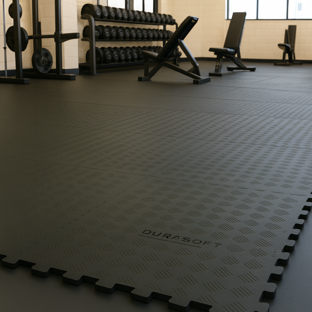 Commercial gym floored with DuraSof 1m interlocking rubber gym tiles