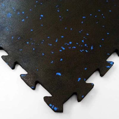 12mm blue fleck interlocking rubber gym tile close-up showing colour granules and dovetail interlocking edge