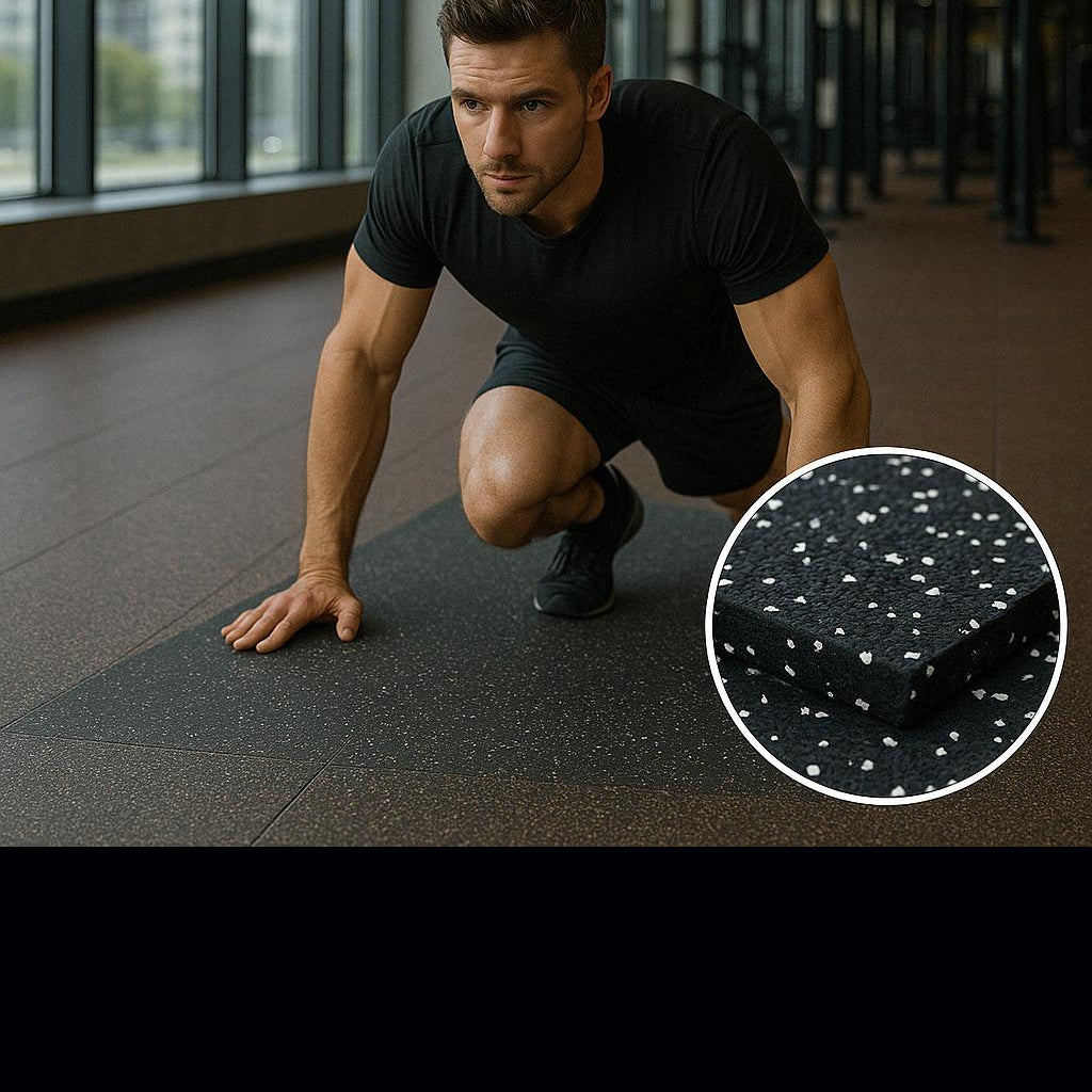 Rubber gym flooring roll with white fleck, close-up inset of surface