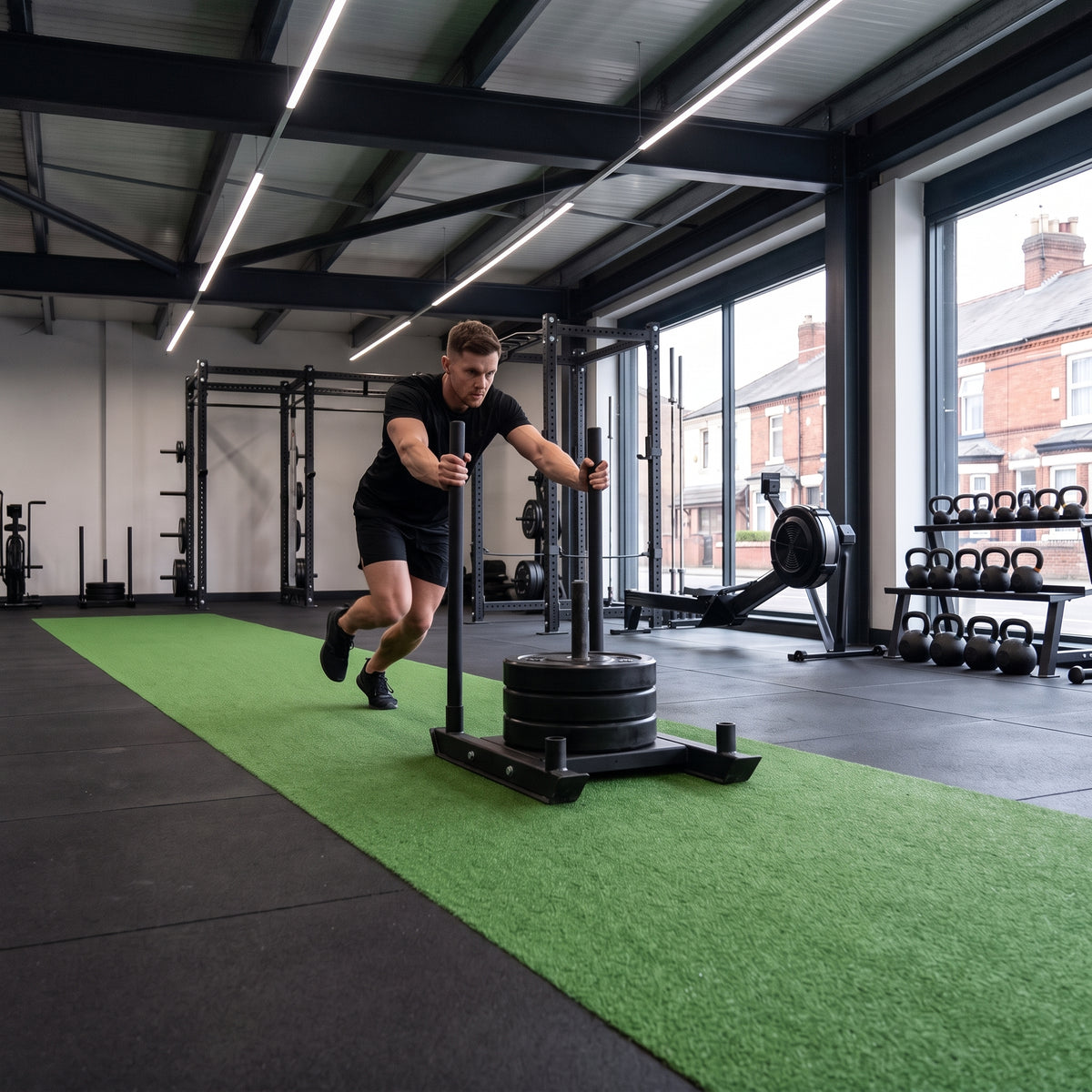 Sled push on a green gym turf sled track in a commercial gym
