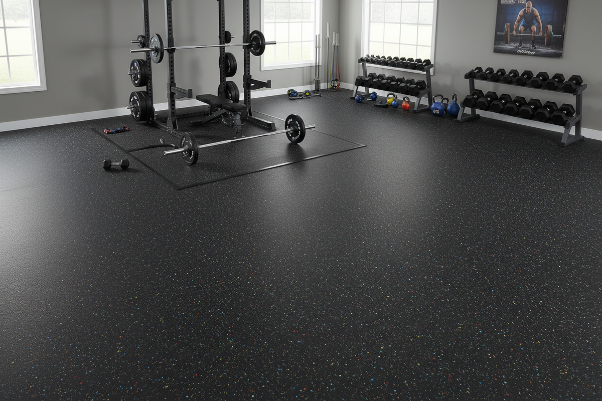 Rubber gym flooring roll white fleck in luxury boutique gym — premium smooth finish UK