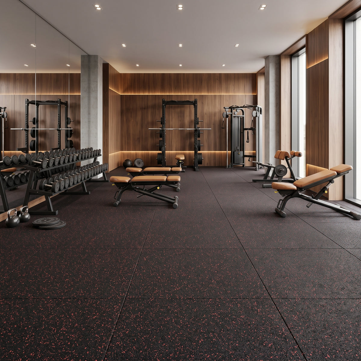 Black rubber gym flooring with red fleck laid in long 1m-wide roll runs in a high-end private gym with walnut panelling, mirror wall, power racks, dumbbells and leather benches